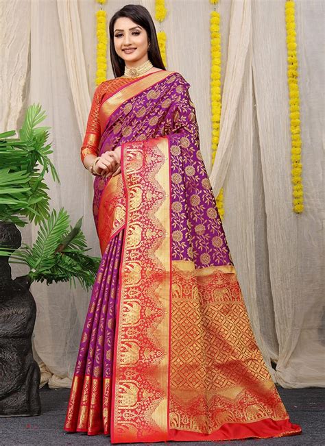 Buy Zari Weaving Purple Color Patola Silk Saree Festive Wear Online At Best Price Cbazaar