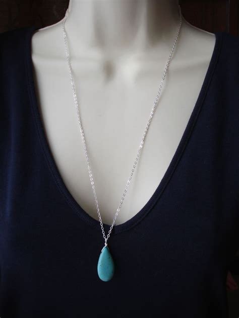 Turquoise Drop Necklace Turquoise Pendant Blue Stone Etsy