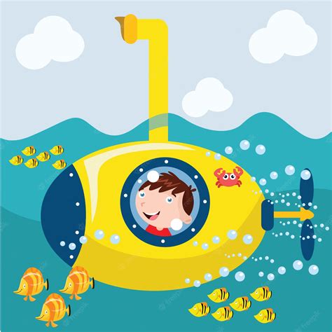 Premium Vector | Kids ride submarine cartoon illustration