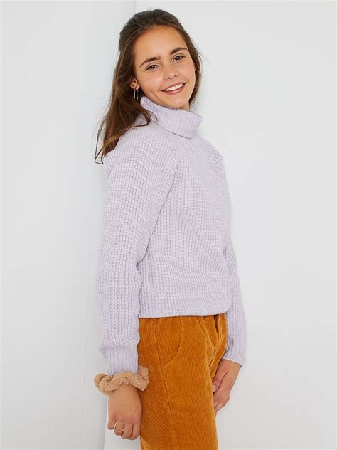 Pull Col Roul En Grosse Maille Lilas Kiabi