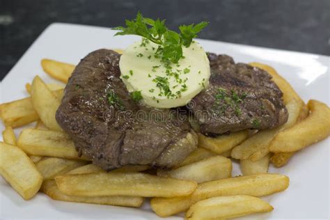 Steak And Chips With Garlic Butter Stock Image Image Of Herb Plate 43043965