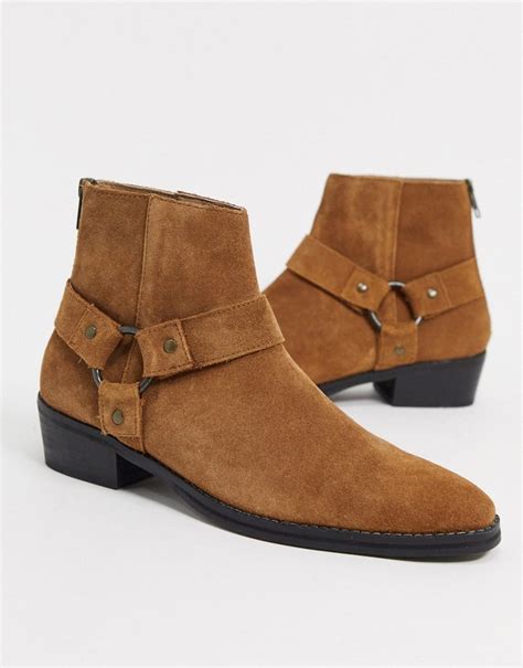 Asos Design Cuban Heel Western Chelsea Boots In Tan Suede With Buckle Detail Shopstyle