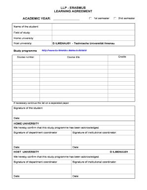 Fillable Online Tu Ilmenau Llp Erasmus Learning Agreement Academic