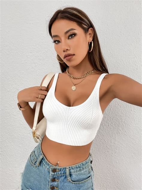 Shein Sxy Solid Crop Ribbed Knit Top Shein Usa In 2023 Ribbed Knit