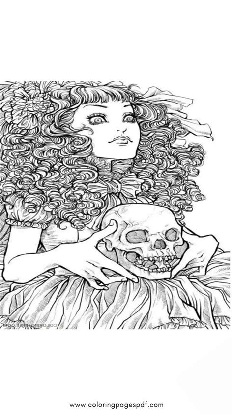 Adult Coloring Page Of A Scary Girl With A Skull