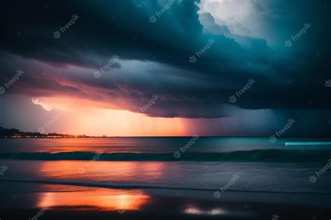 Premium AI Image | A stormy sky with a sunset in the background