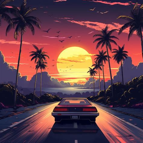 Premium Photo Retro Sunset Drive Miami Skyline In 80s Animated Glory