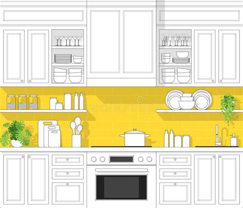 Interior Design With Modern Kitchen In Black Line Sketch On Colorful