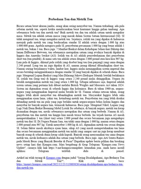 perbedaan ton  metrik ton