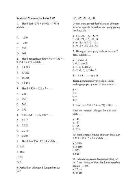 Soal Matematika Kls 6 Anfljaskfs Soal Soal Matematika Kelas 6 Sd