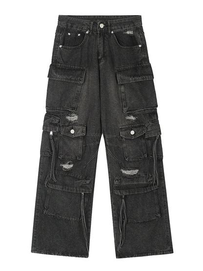 Ripped Multi Pocket Denim Pants Eluva