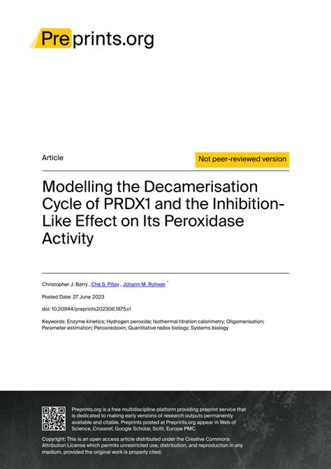 Pdf Modelling The Decamerisation Cycle Of Prdx And The Inhibition