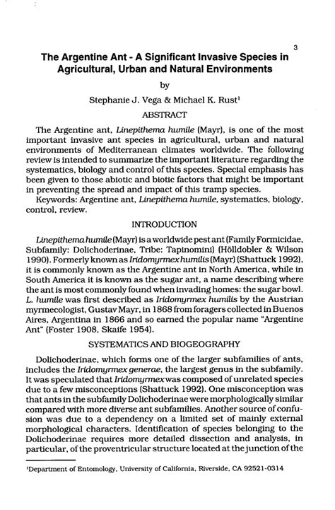 Pdf The Argentine Ant A Significant Invasive Species In