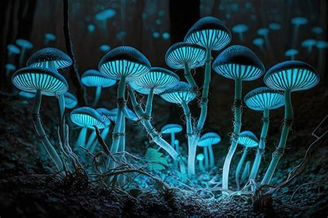 Grupo de hongos bioluminiscentes que crecen en un extraño bosque