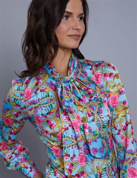 Womens Blue Floral Stripe Fitted Satin Blouse Single Cuff Pussy