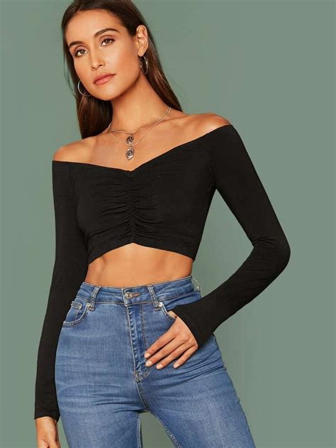 Shein Ruched Off The Shoulder Crop Top Crop Tops Top Outfits Crop