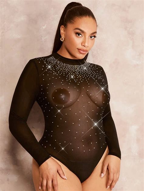 Shein Bae Plus Rhinestone Detail Sheer Mesh Bodysuit Without Lingerie