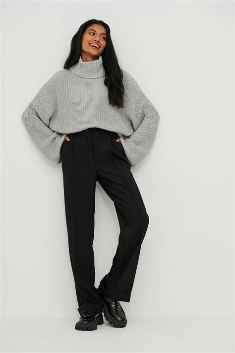 Turtle Neck Short Knitted Sweater Grey Na