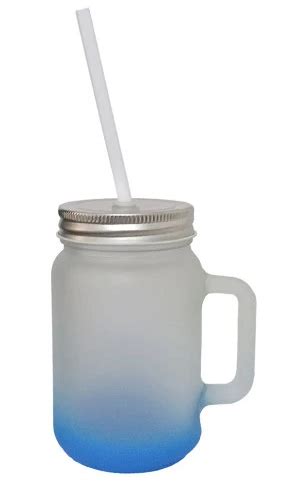 Caneca Mason Jar De Vidro Jateado Degrad Azul Sublime Ml