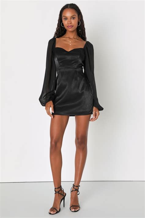 Black Mini Dress Satin Mini Dress Sheer Sleeves Mini Dress Lulus