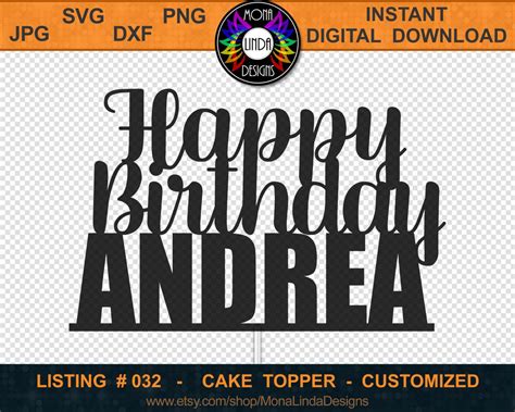 Happy Birthday Andrea Cake Topper Svg Png Dxf Cutting File Custom