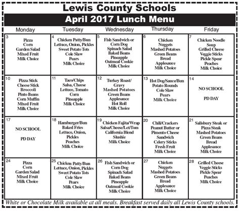 April 2017 Lunch Menu – The Lewis County Herald