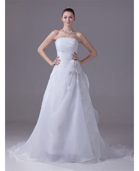 Strapless Pleated Organza Aline Wedding Dress With Flower Oph