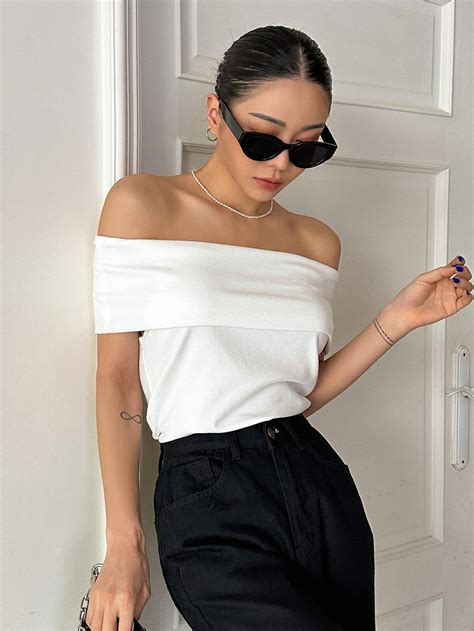 Dazy Off Shoulder Foldover Ribbed Knit Tee Shein Usa