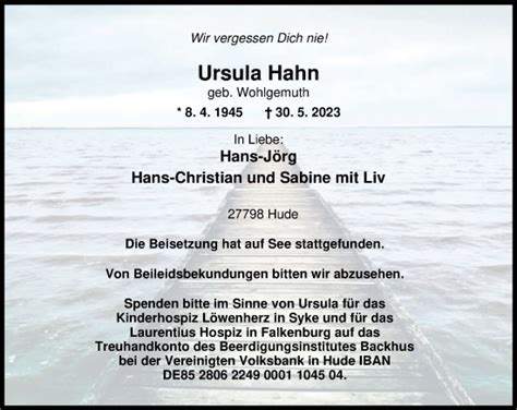 Traueranzeigen Von Ursula Hahn Nordwest Trauer De