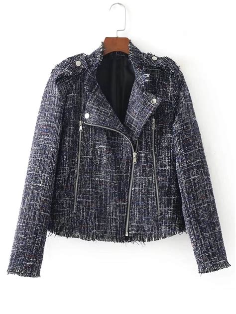 Frayed Edge Zipper Detail Tweed Jacket Sheinsheinside