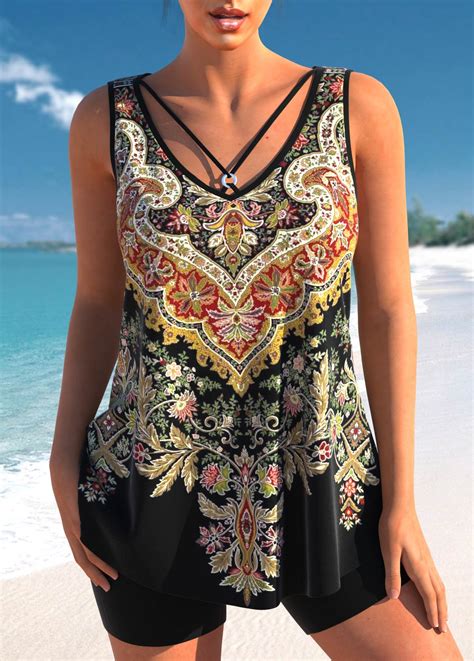 Metal Ring Tribal Print Black Tankini Top Modlily USD 39 98