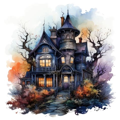 Watercolor Haunted House Clipart Illustration Generative Ai Premium