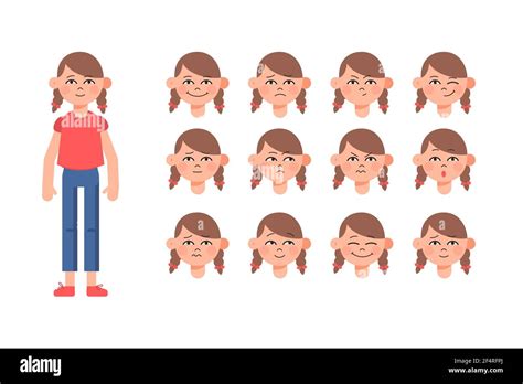 Cute Little Girl Facial Emotions Set Of Different Child Face