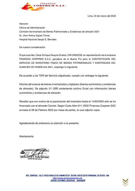 Carta Inventario Existencias de almacén 1 OFIC COMERCIAL CALLE