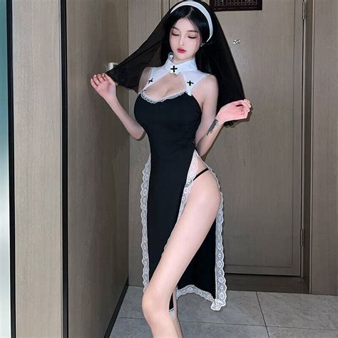 Women Sexy Lingerie Set Lace Dress Cosplay Nuns Uniform Suit Split Robe