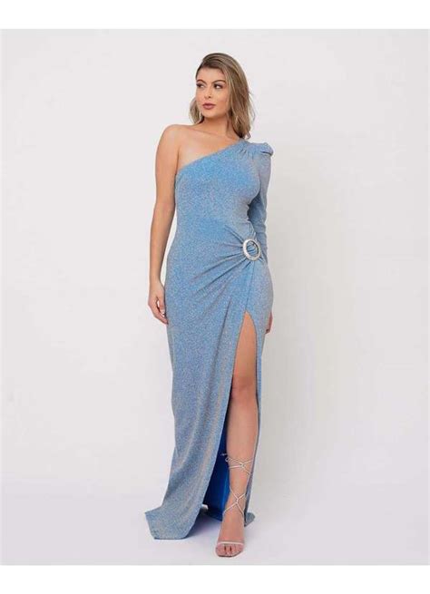 Vestido Miss Misses Longo Um Ombro So Lurex Azul Azul Dress Us