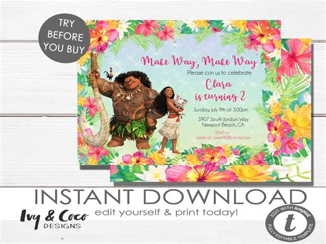 Moana Birthday Invitation, Moana Invitation, Moana Birthday Invitation ...