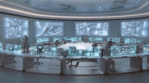 3D Rendered, Modern, Futuristic Command Center Interior with People ...