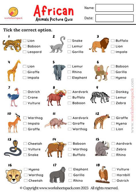 Animal Quiz, Free Printable Animal Picture Test - worksheetspack
