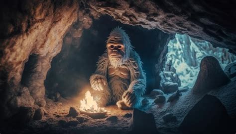 Escena De Fantasía Con Un Yeti En Una Cueva Ilustración Generativa De