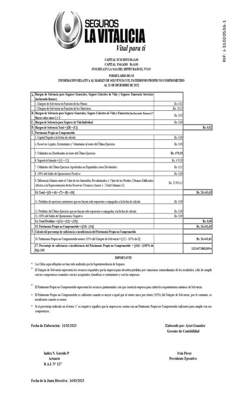 MARGEN DE SOLVENCIA SEGUROS LA VITALICIA AL 31 DE DICIEMBRE DE 2022