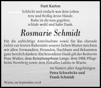 Traueranzeigen Von Rosmarie Schmidt Trauer Nordkurier