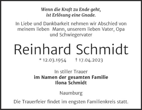 Traueranzeigen Von Reinhard Schmidt Abschied Nehmen De