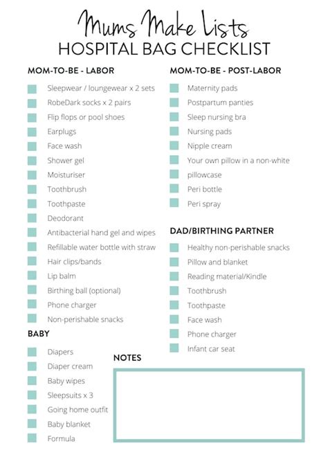 Printable Hospital Bag Checklist