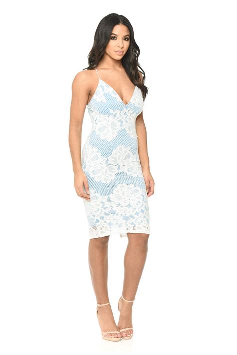 Contrast Blue Lace Bodycon Dress With Plunge Front Ax Paris