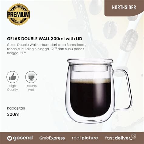 Jual Gelas Double Wall Kopi Teh 300ml Tutup Kaca Anti Panas