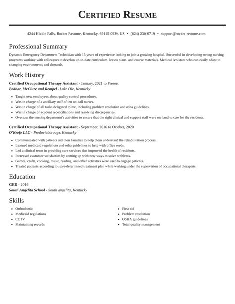 Certified Occupational Therapy Assistant Resumes Rocket Resume