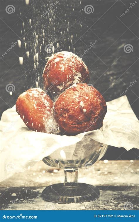 Delicious Freshly Baked Donuts Sprinkled With Powdered Sugar On Stock