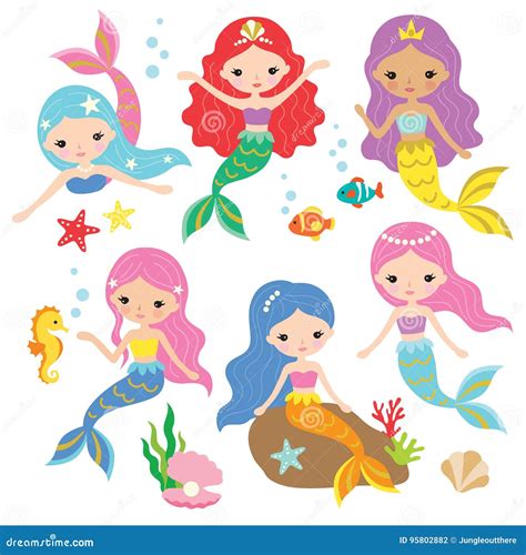 Mermaid Princess Vector Set Stock Vector Illustration Of Happy Rock