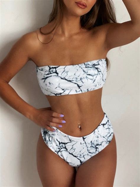 [54 Off] 2020 Marble Print High Waisted Bandeau Bikini Set In White